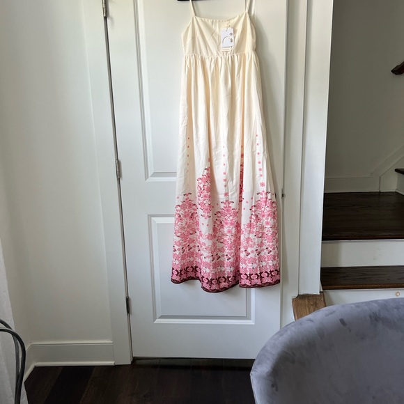 Commense Cream with Pink Floral Accents Elegant Dress - Picture 7 of 7